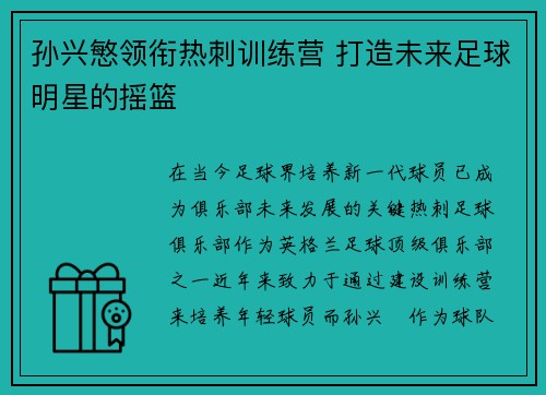 孙兴慜领衔热刺训练营 打造未来足球明星的摇篮 孙兴慜领衔热刺训练营 打造未来足球明星的摇篮